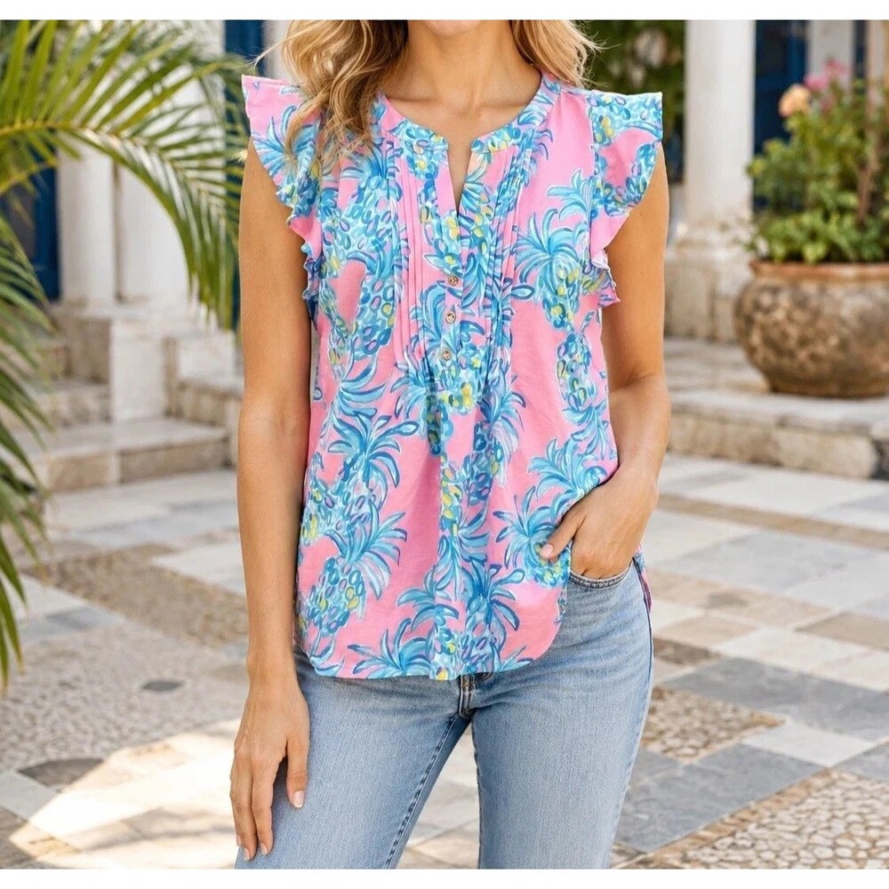 Lilly Pulitzer Golda Blouse Top Amalfi Sound The Sirens Cotton Printed M 291007